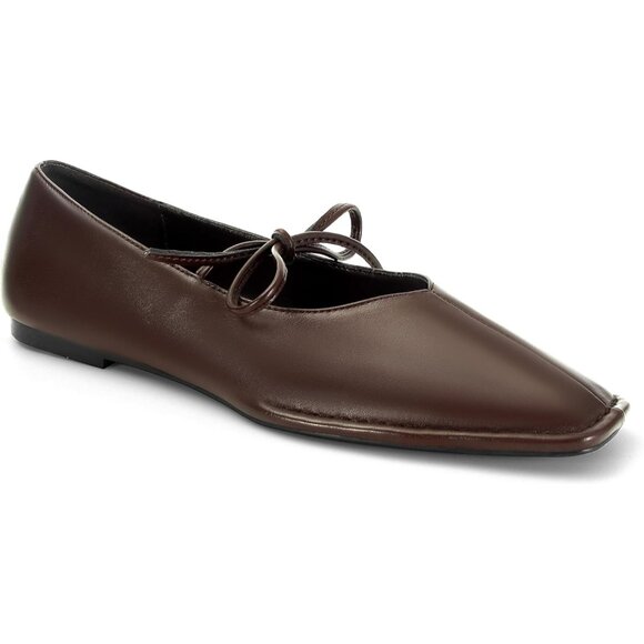 Women Chocolate Faux Leather Square Toe Lace Up Ballerina Ballet Slip On Flats - Picture 6 of 6